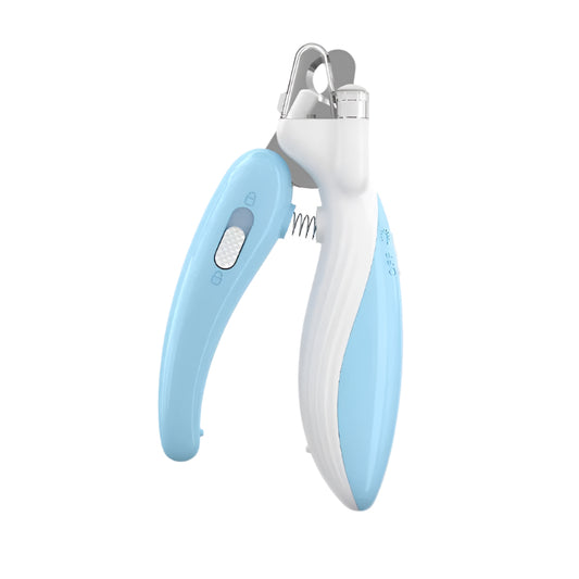 Blue pet nail clipper with dimensions on a white background